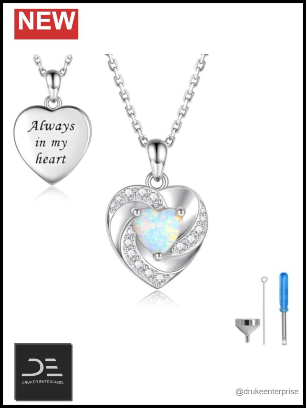 925 Sterling Silver Opal Heart Cremation Urn Necklace for Ashes